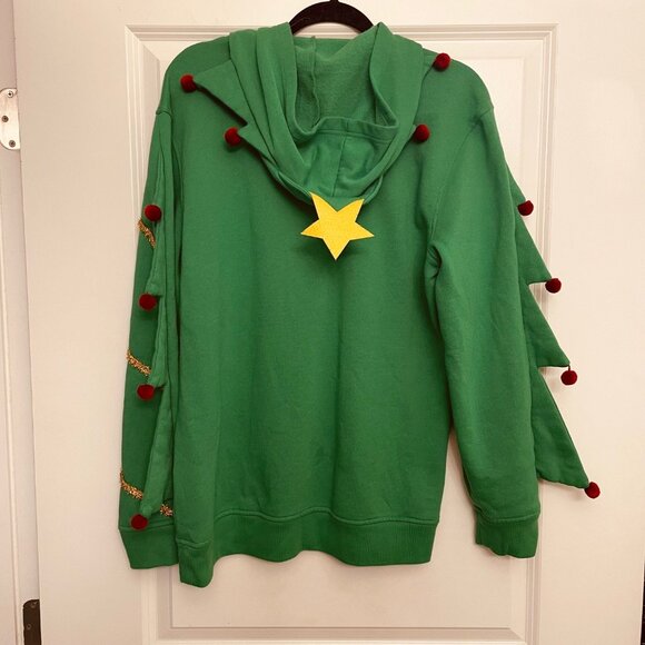 American Rag Unisex L Christmas Tree Hoodie Tinsel Pom Poms Ugly Sweater - Picture 5 of 9